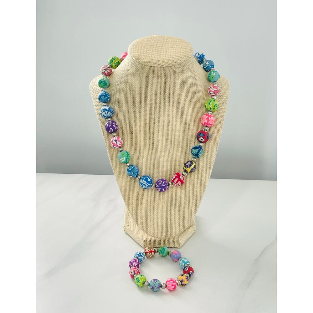 Multi Color Floral Handcrafted Clay Beaded Kaleidoscope Necklace & Bracelet Set